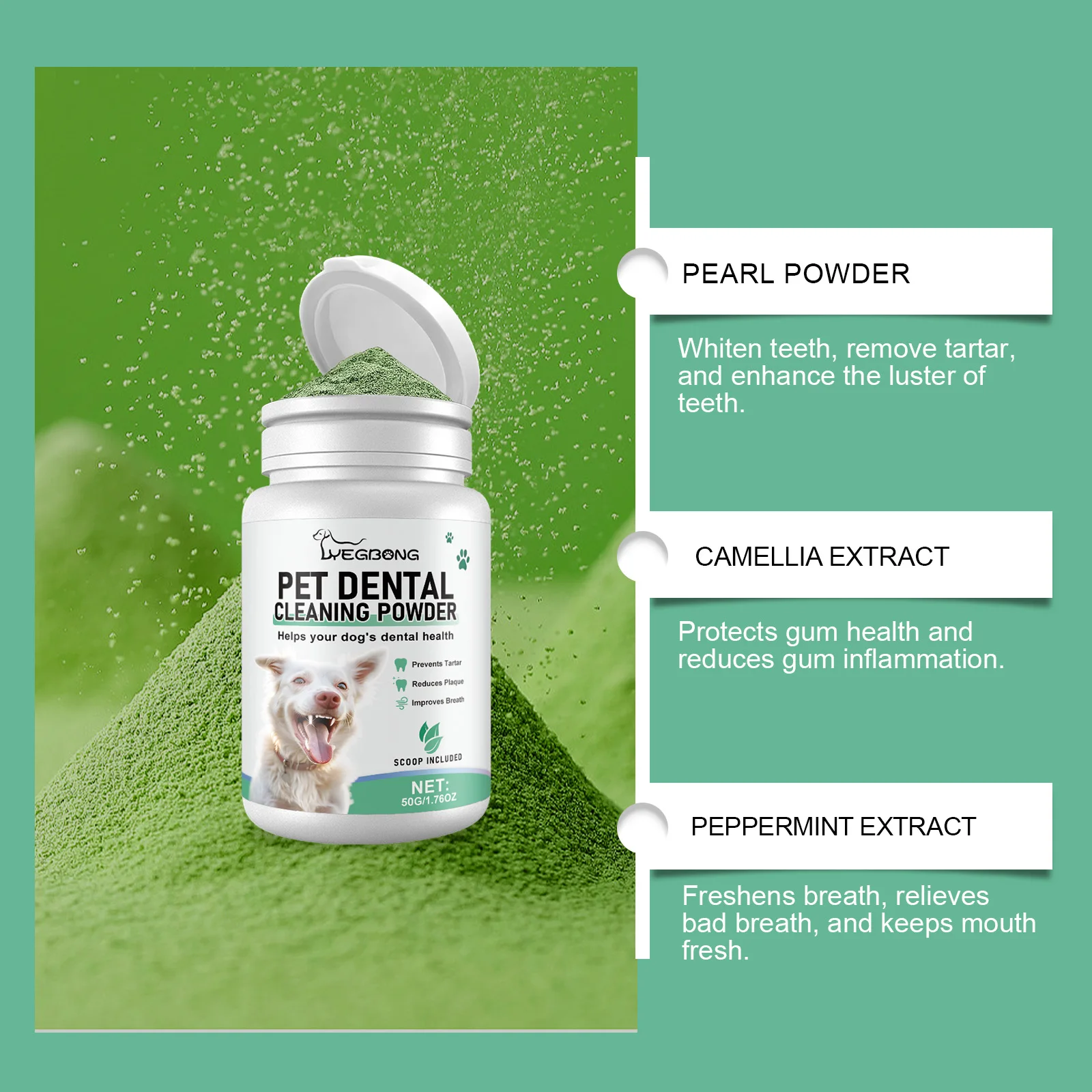 YEGBONG Pet Dental Cleaning Powder for Dogs Cats Daily Dental Care Gently Cleans Teeth Dirt Tartar Stains Freshens Oral Breath 4