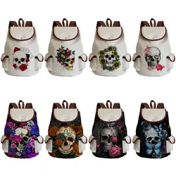 High Capacity Book Bag Fashion College Students School Bagpack Halloween Gift Floral Skull Print Backpack Women Drawstring Bags
