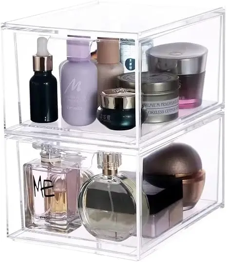 Set of 2 clear stackable drawers. 4.4" tall, under-cabinet design. For makeup or small items. 4