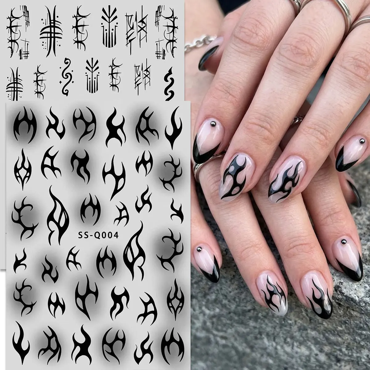 블랙 사이버 플레임 트라이벌 네일 스티커, 미드나잇 룬 토템 데칼, Y2K 그런..