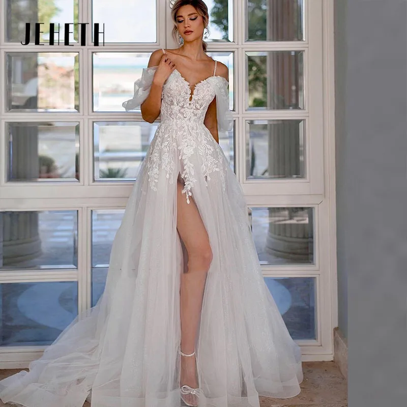 

JEHETH A-line Wedding Dresses For Women Sexy High Slit Elegant Appliques Bride Gowns Sexy Backless Off the Shoulder Customize