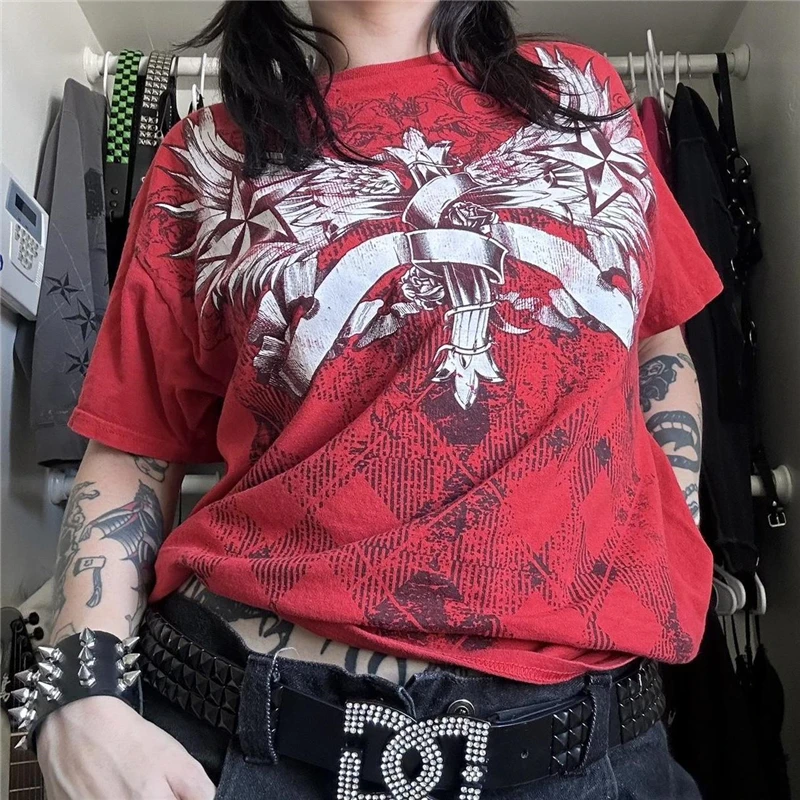 Camiseta Cyber Y2K de los años 2000 para mujer, con estampado de calavera, cuello redondo, manga corta, ropa estética E-Girl, ropa gótica para centro comercial, ropa urbana