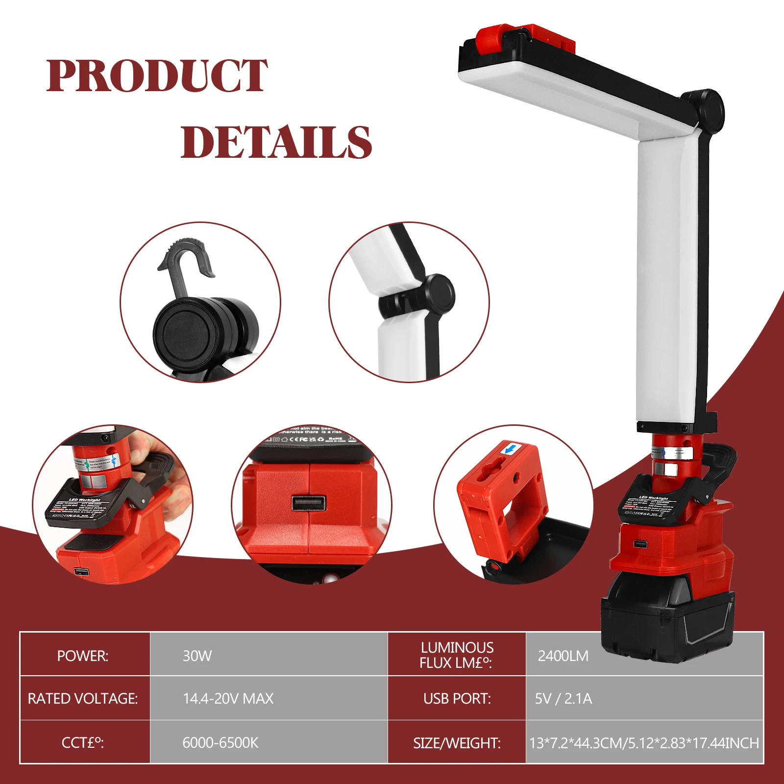 밀워키 18V 배터리 접이식 조명용 30W 2400LM LED 작업 조명 USB 충전 포트가 있는 야외 손전등 토치(배터리 없음)
