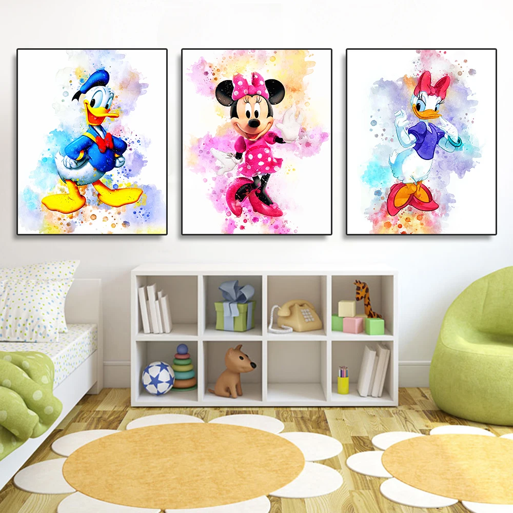 

Miniso Disney Mickey Mouse Print Watercolor Donald Minnie Canvas Posters For Children Gifts Room Home Wall Decoration Paintings