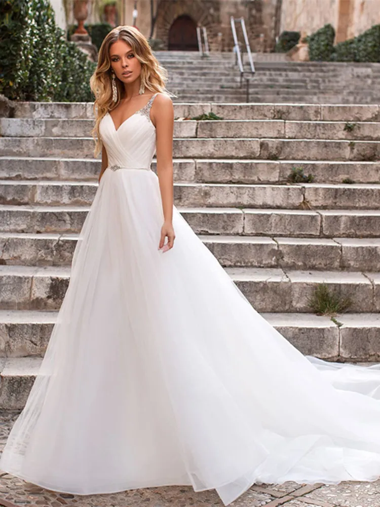 Wedding Dresses Elegant V Neck Spaghetti Strap Wedding Dresses Beading Sleeveless Backless Bridal Gowns Sweep Train For Women