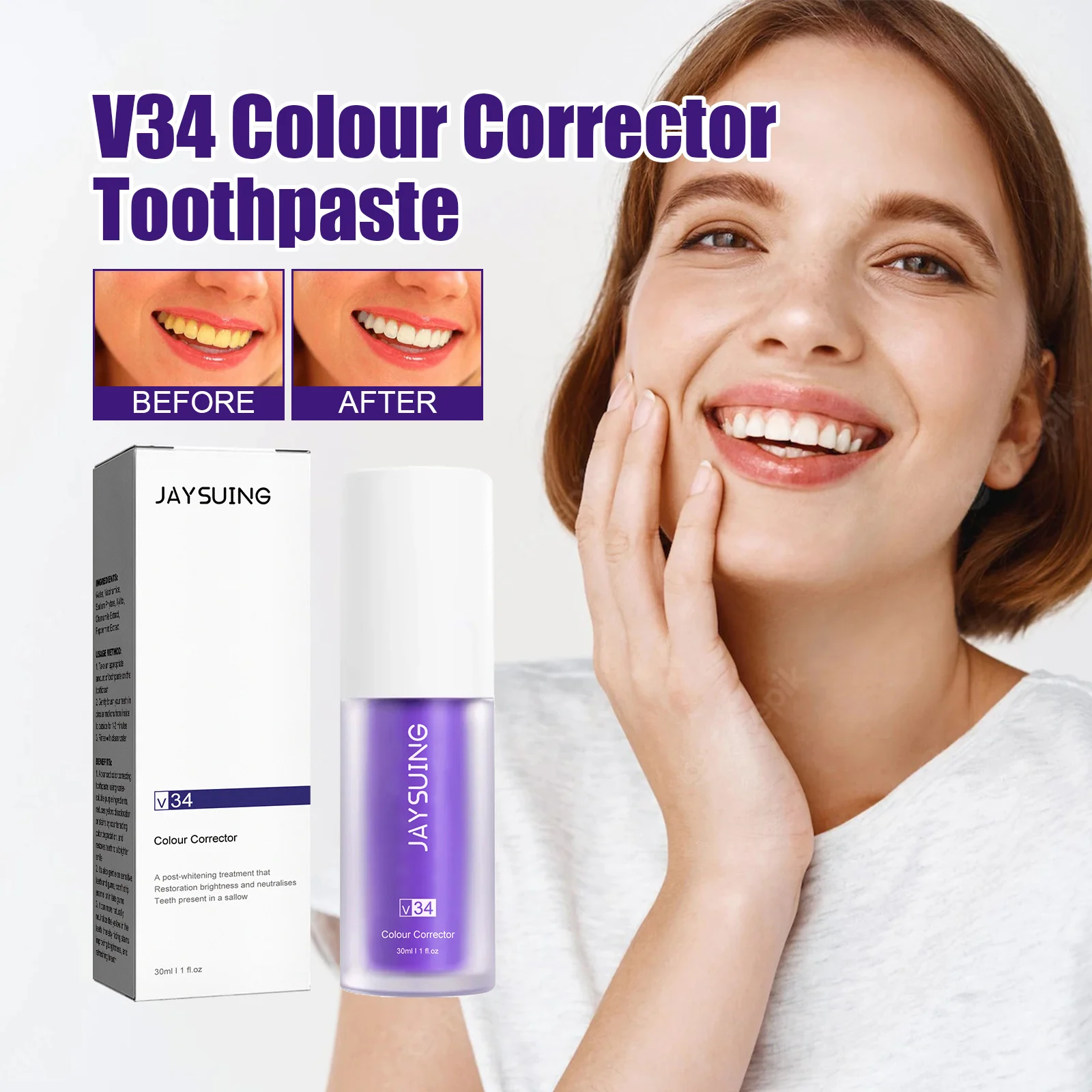 Jaysuing V34 Toothpaste Colour Corrector Teeth Whitening Purple Fresh Breath Brightening Stain Removal Gum Care Cleaner teeth whitening product,teeth health product