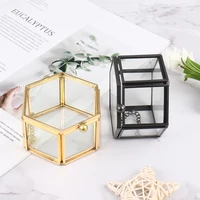 1PC 8*7*4.5cm Tranpartent Geometrical Glass Jewelry Box Hinged Top Lid  with Metal Chain Jewelry Organize Holder Ring Box 1