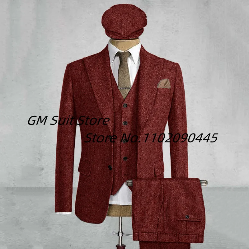 2022Men's 3-piece Suit (Jacket+Vest+Pants) Herringbone Lapel Solid Color Single-breasted Handsome British Style Suitable Wedding 6