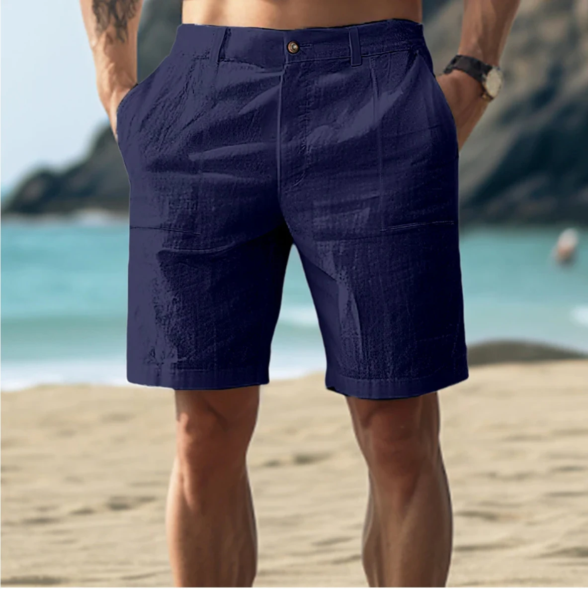 JustSun korte broek voor heren, katoenen zomershorts, chino vrijetijdsbroek met zakken, blauw (pauw), M