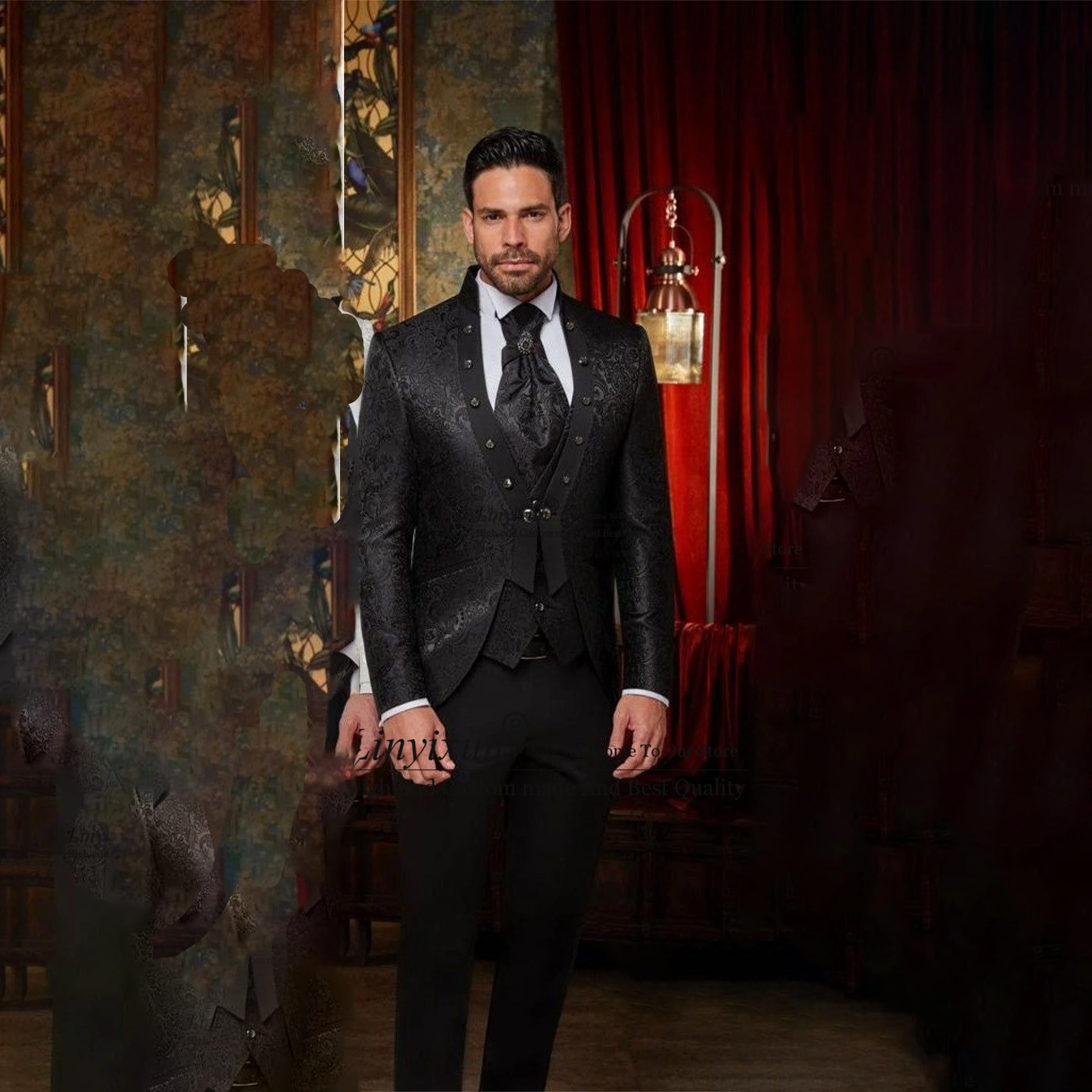 

Классические черные жаккардовые смокинг для жениха шаль с лацканами мужские костюмы 3 предмета комплекты свадебный ужин Мужской приталенный костюм