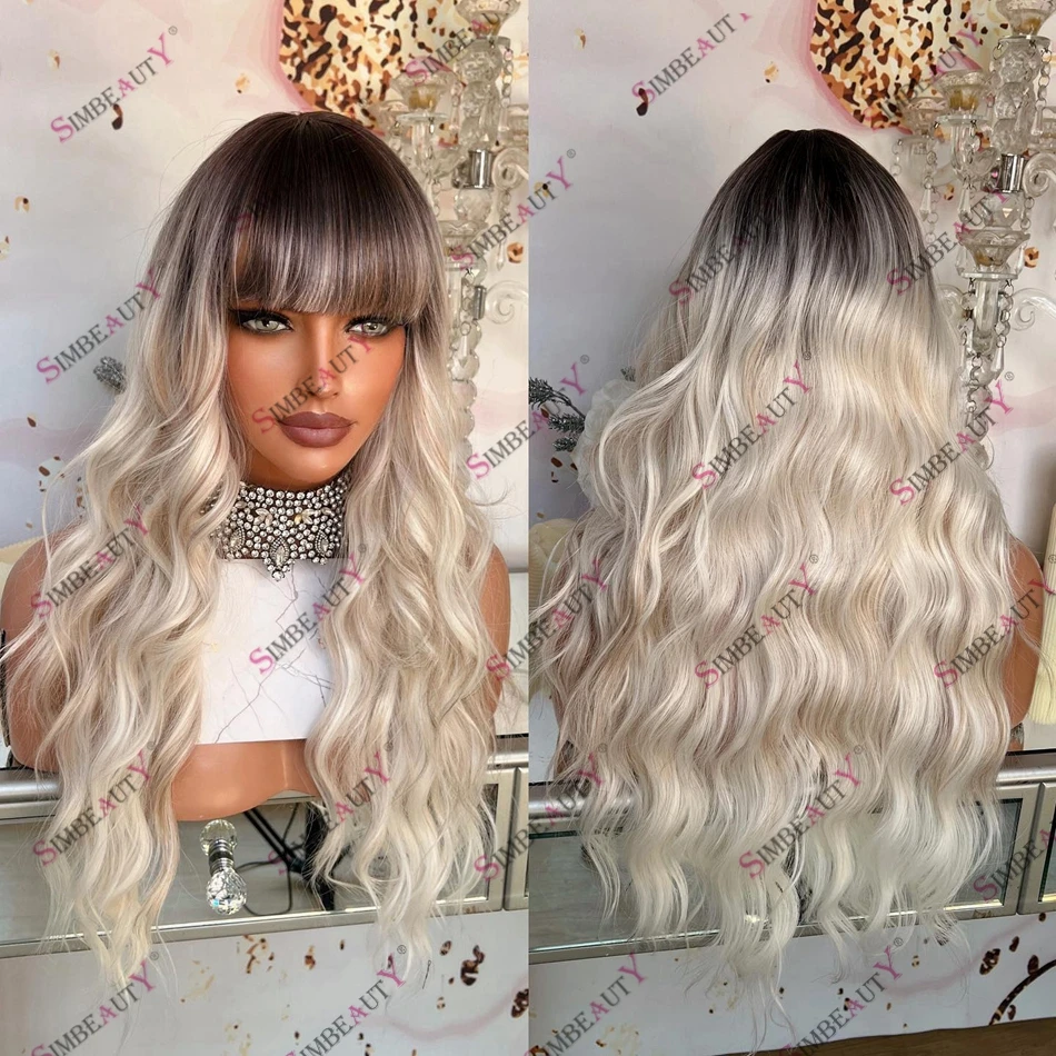 

Lightest Blonde Ombre Human Hair Transparent Lace Front Wig for Women with Bangs Dark Root Brazilian Remy Hair 13x6 Lace Wig