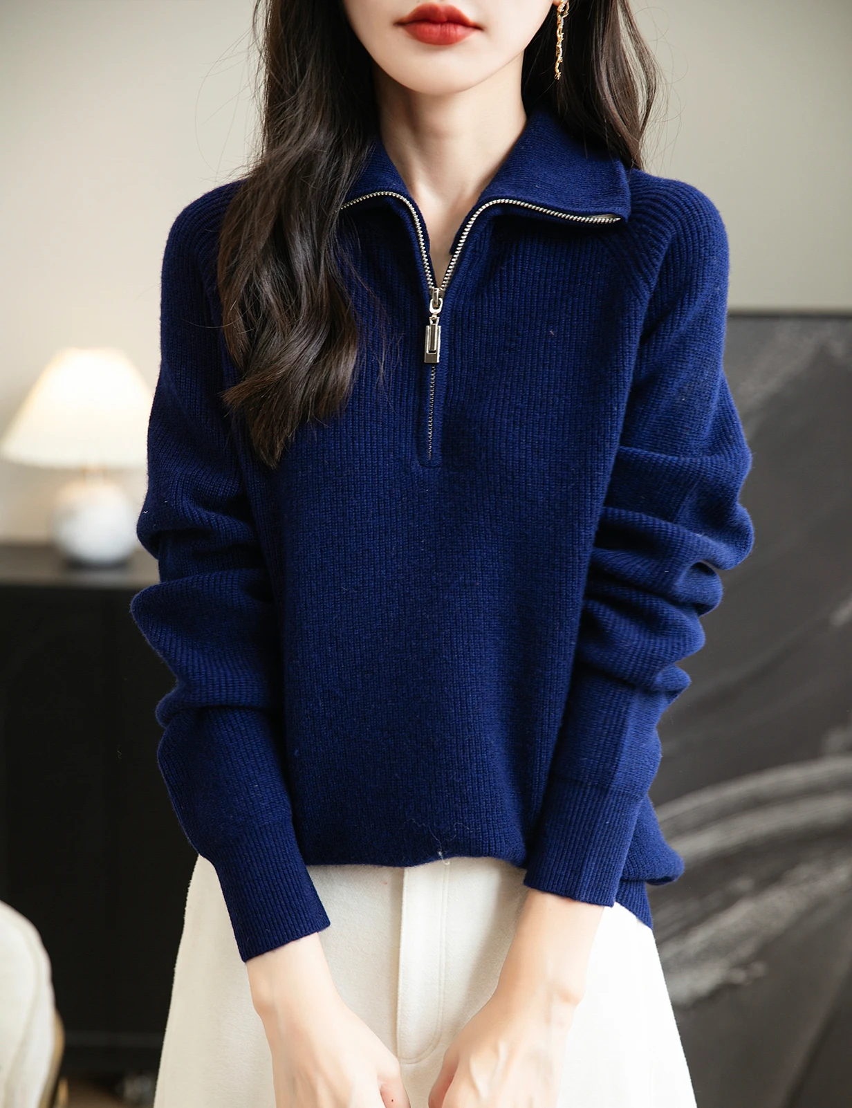 Turtleneck Wool Women's Sweater 100% Merino Wool Fall Winter Zip Pullover Casual Long Sleeve Knitted Sweater Top Female Clothing