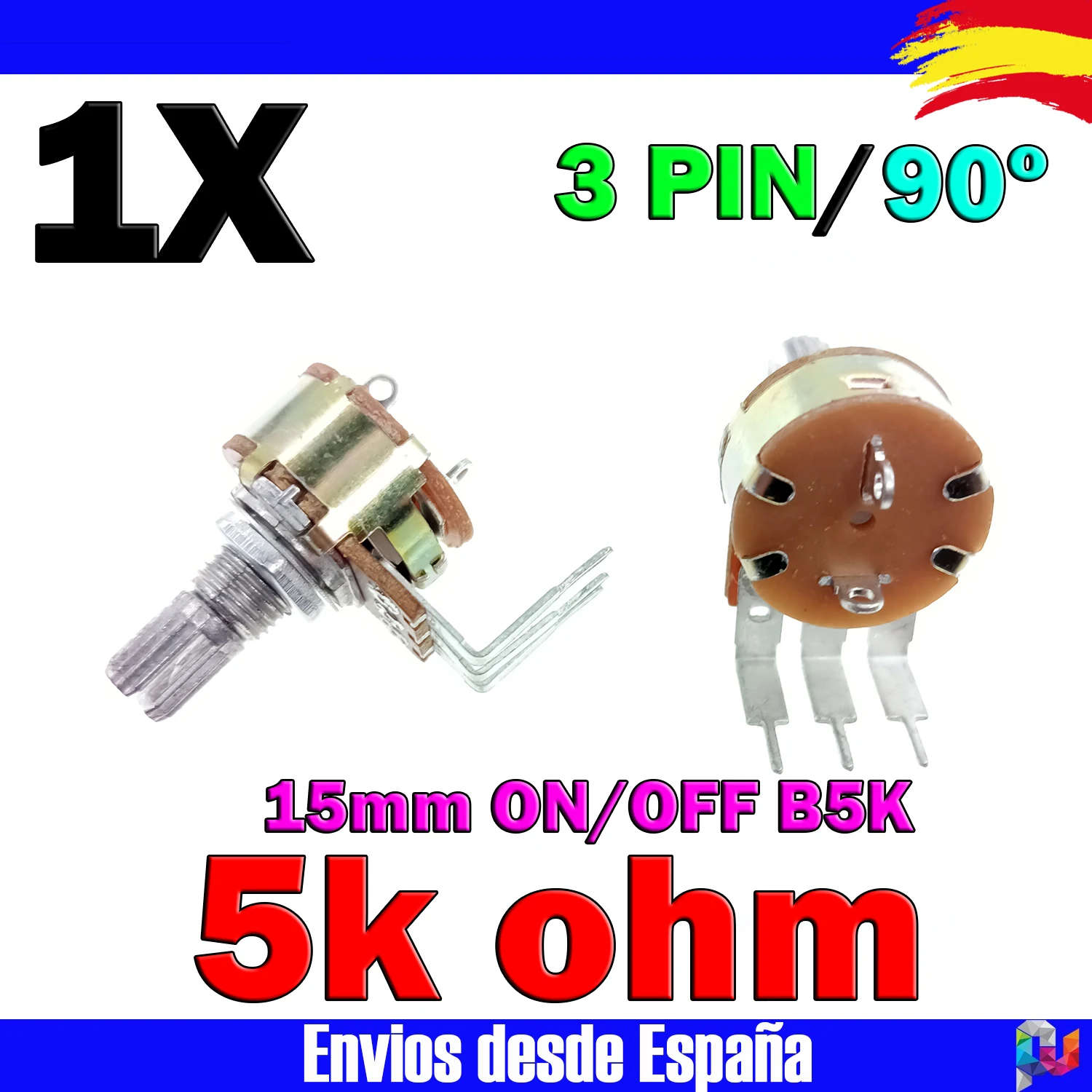 1x B5K potentiometer with rotary switch ON/OFF 5k ohm 90 ° Mono 15MM 3PIN