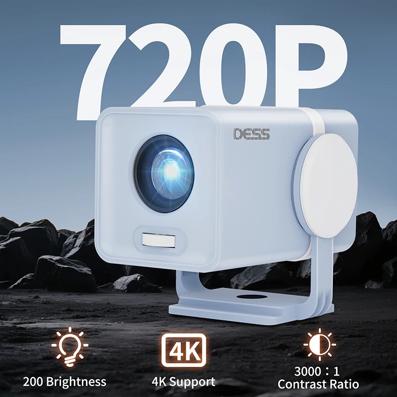 DESS 2025 NUEVO Mini Proyector Android 13 TV OS 1280*720P Dual Wifi6 180 ° Soporte giratorio 4K del proyector portátil al aire libre del cine BT5.0