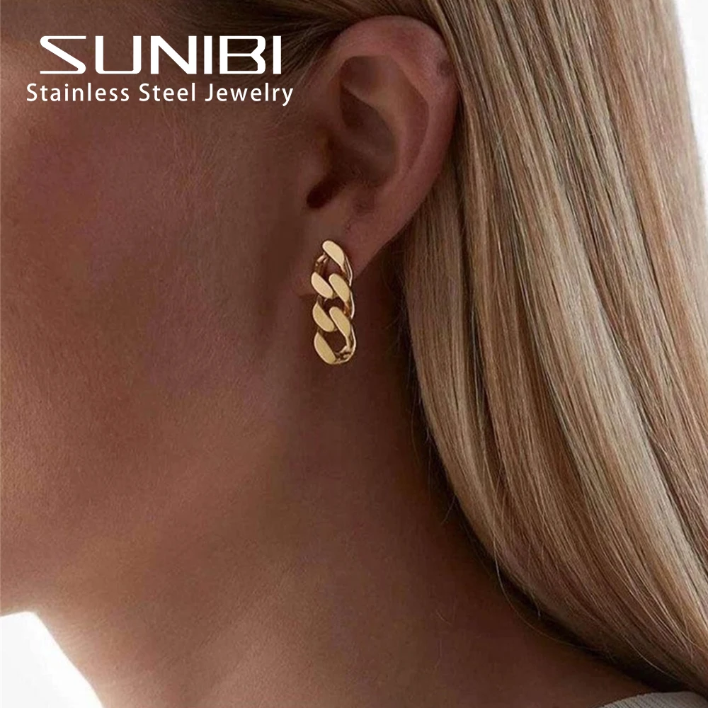 SUNIBI Fashion Stainless Steel Stud Earrings for Women Cuban Link Chain Gold Plated Dangle Earrings Rock Punk Jewelry Wholesale