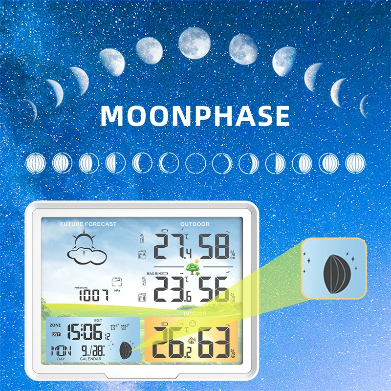 Aae4af692357549f89a4fb238e0bc44d8d Multifunction Weather Station 2 Sensor Wireless Digital Thermometer Hygrometer Forecast Calendars Moon Phase Snooze Alarm Clock