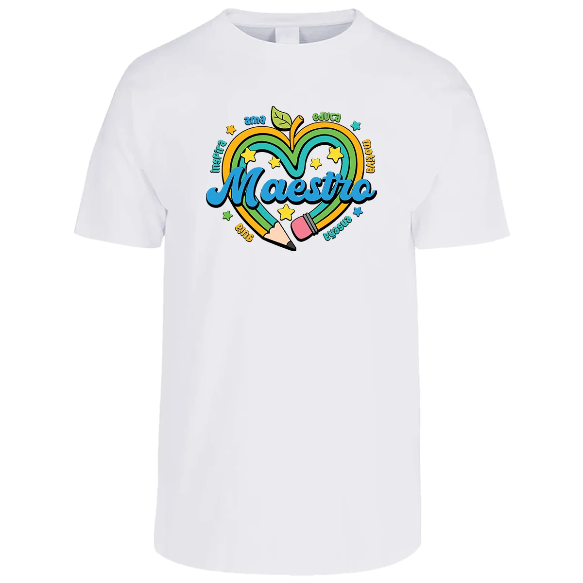 Playera de Moda para Hombre Estampado Maestro Lápiz Manzana Palabras 1 pza | Maestros | Prenda Corte Recto y Tela Delgada 100% Algodón