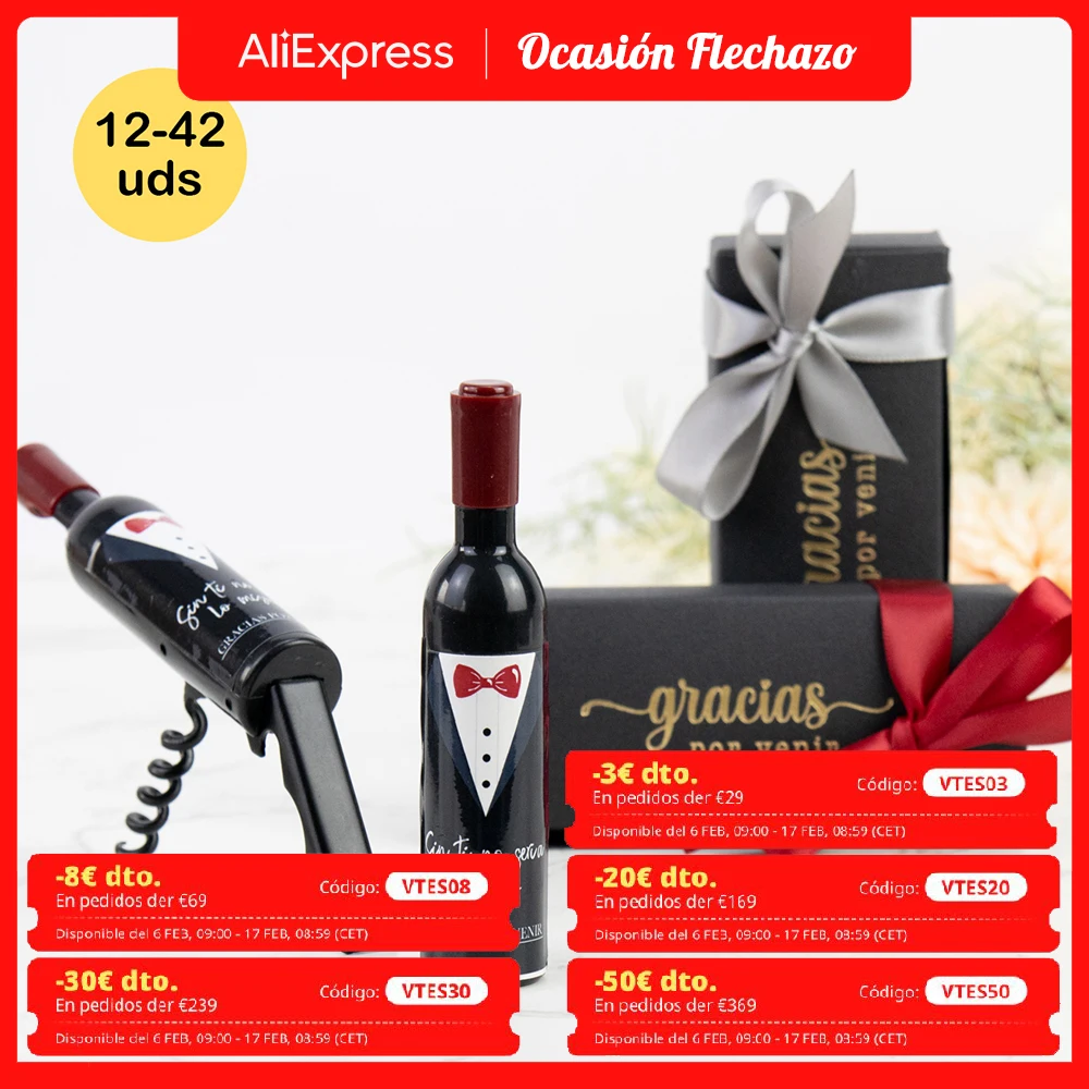 Lote de 12 a 42 unidades de sacacorchos y abridor de botella con etiqueta de esmoquin, Opcion caja, Pegatina no personalizable ni editable, Detalles para invitados boda, Abrebotellas regalo invitados, Regalantes Store