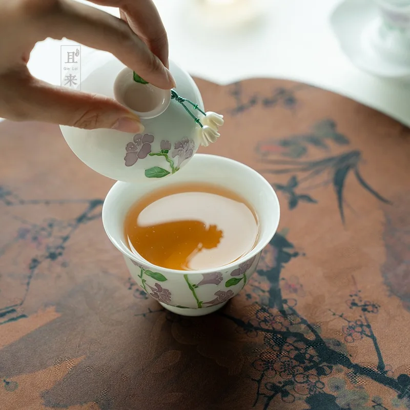 Hand Painted Lily Of The Valley Gaiwan Set For Tea Chinese Tureen White Tea Bowl Kung Fu Chawan Cups Lily Deng's Store