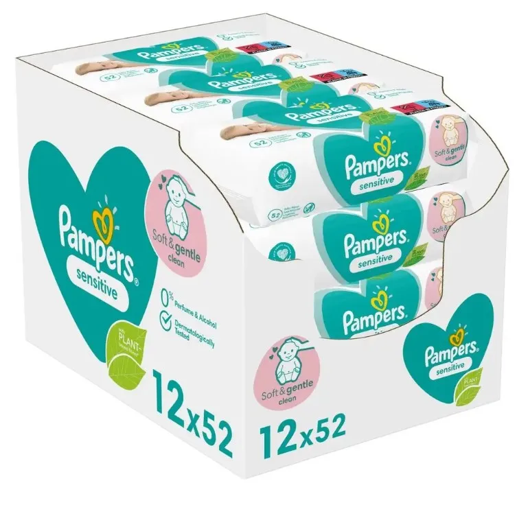 Chusteczki nawilżane Pampers Sensitive dla niemowląt 12 opakowań po 52 sztuki (łącznie 624 szt.) z Polski za $14.15 / ~53zł