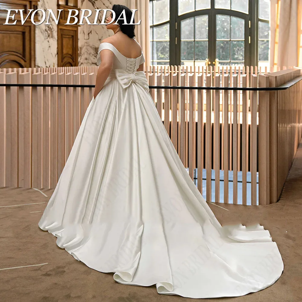 EVON BRIDAL Elegant Wedding Dresses Plus Size V Neck Off Shoulder Satin A-Line Bow Sweep Train Bridal Gowns Vestidos De Novia