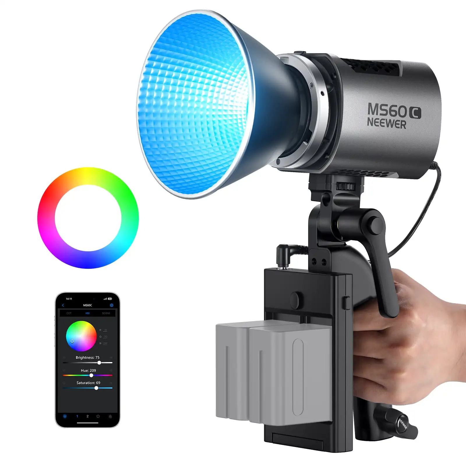 NEEWER RGBWW LED 비디오 조명, 2.4G 앱 제어, 65W 금속 미니 RGB COB 연속 출력 조명, 보웬스 마운트 MS60C