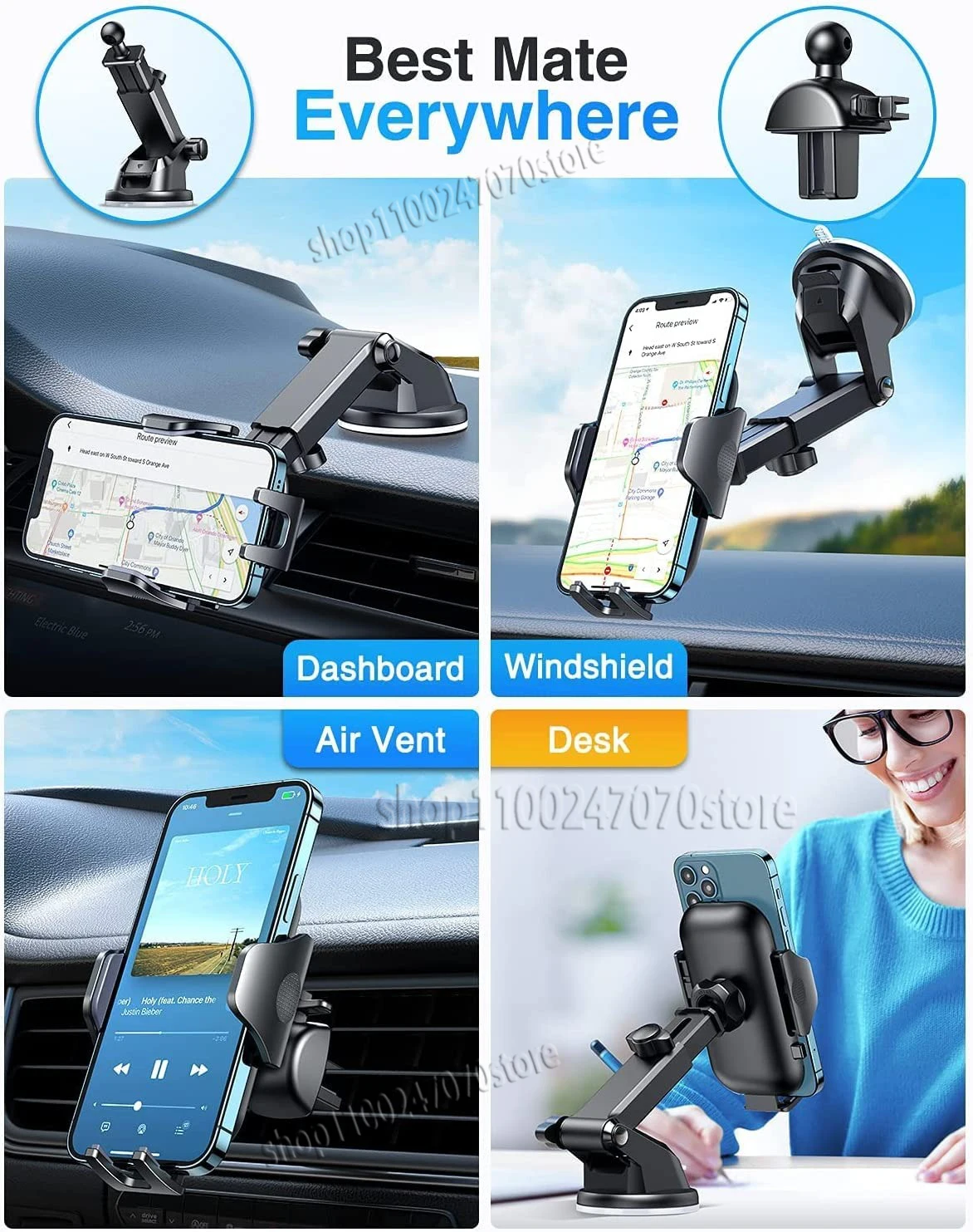 Mount Car Phone Holder Military Grade Shockproof Mobile Automobile Accessories Support Suction Dashboard Portable Cell Vent Stan