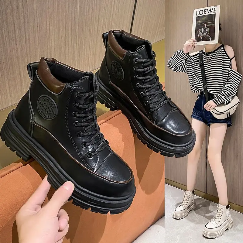 

2024 New Platform Shoes Women Boots Round Toe Zipper Spring Autumn Fashion Ankle Female Botines De Mujer Women's Martin Boots