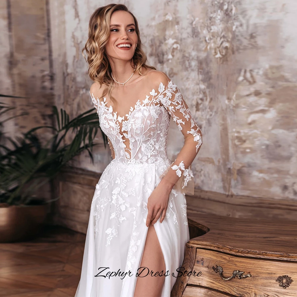 Elegant A-Line Long Sleeves Wedding Dress Modern Side Slit Organza Customized Bridal Gowns Luxury Appliques Scoop Robe de mariée