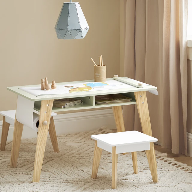 SoBuy KMB92-GR Table pour enfants avec 2 chaises Groupe de sièges pour enfants avec espace de rangement pour enfants Groupe de sièges pour enfants Blanc Vert 1
