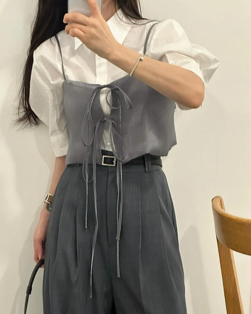 여성용 시크 니치 바디콘 스퀘어 넥 캐주얼 스파게티 스트랩 조끼, 레이어링 짧은 탱크 탑, 레이스업 활 타이 탑, 여름 패션