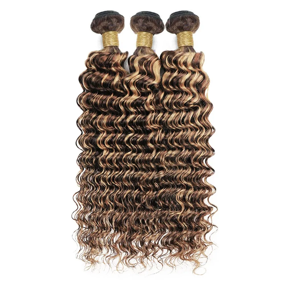 Highlight Deep Wave Bundles with Closure Brazilian Human Hair Bundles with Closure Honey Blonde 30 Inch