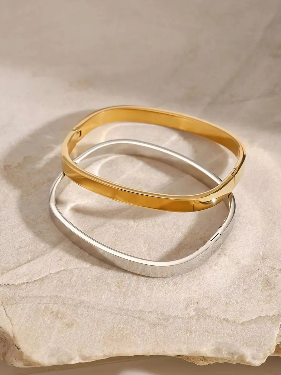 Uworld High Quality Stainless Steel Square Wide Bracelet Bangle Fashion Texture Gold Silver Color Waterproof Charm Jewelry Gift