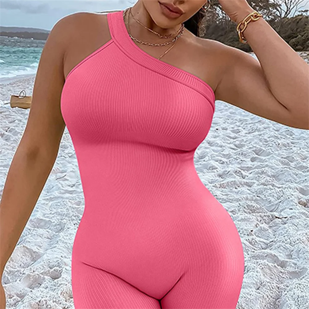 

Ladies Sleeveless Skinny Rompers Overalls Summer Casual Fitness Women Slant Shoulder Slim Ribbed Solid Jumpsuit Pants