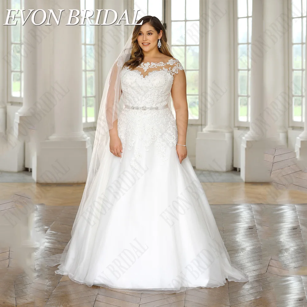 

EVON BRIDAL Civil Wedding Dress Plus Size Cap Sleeves Illusion Bride Gowns A-Line Applique Tulle Scoop vestidos novias boda
