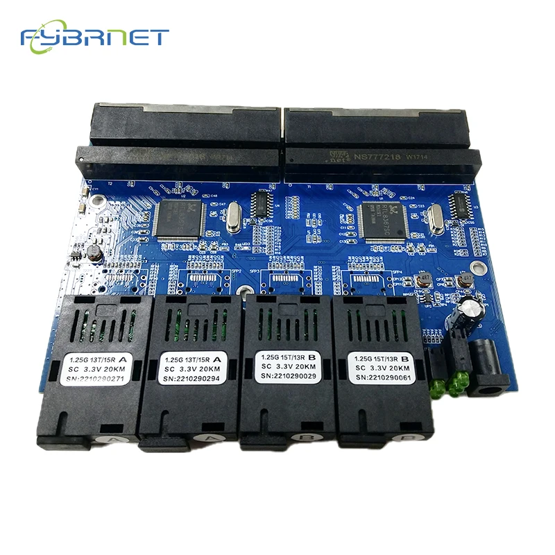 10/100/1000Mbps Single Mode Fiber Switch Optical Media Converter PCBA 4 Fiber Port 8 RJ45 Port 20KM SC Fast Ethernet Simplex