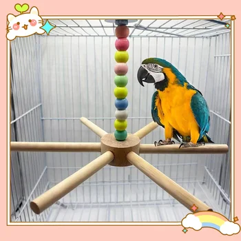 Bird Stand Perch Toy Interactive Parrot Toy for Budgies Cockatiels Lovebirds Wooden Exercise Wheel Parrot Toy Bird Perch Toy