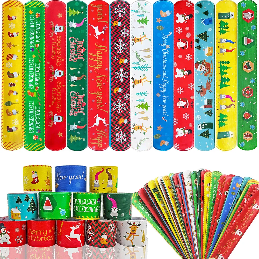 

8pcs Christmas Party Favors Slap Bracelets for Kids Xmas Snap Wristbands with Santa Claus Reindeer Little Toys Random Style