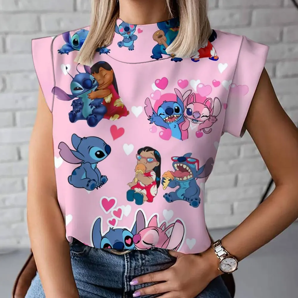 

Summer Stitch's new temperament bag shoulder top Disney flower half-high collar short-sleeved bottoming shirt