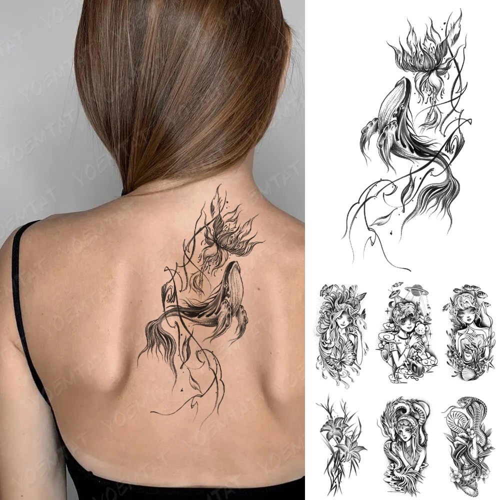 

Whale Lotus Line Waterproof Temporary Tattoo Sticker Sea Butterfly Women Arm Sleeve Transfer Tatoo Body Art Fake Tattoos Men