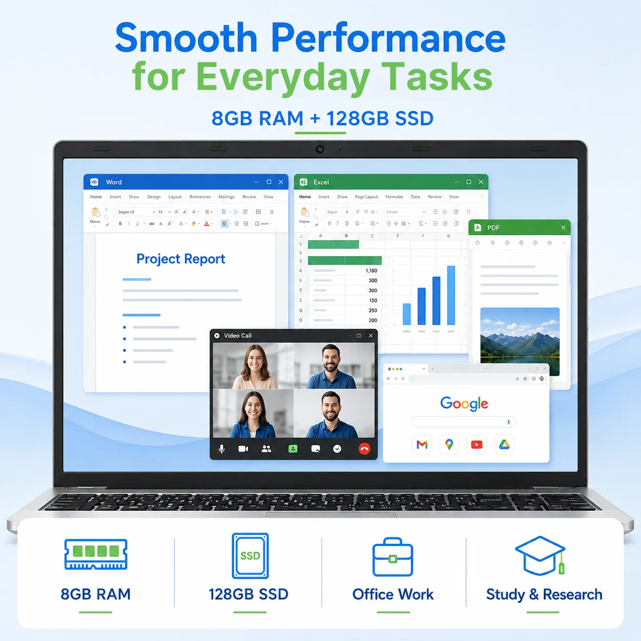 LPNAWZ 14.1" Budget Laptop for Students & Work - Intel N3450, 8GB RAM, 128GB SSD, Genuine Windows 10 (Free Win11 Upgrade), WiFi/BT 5.2, FR Fast Shipping + Free Keyboard Cover (DE/FR/IT/ES) - immagine 4