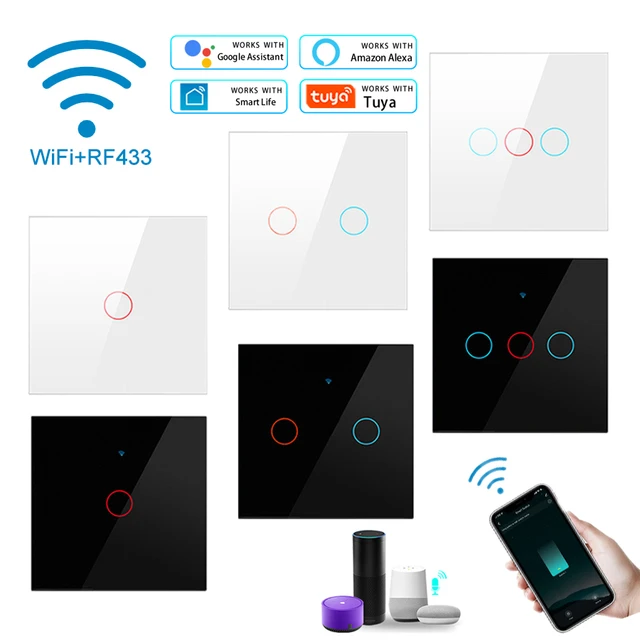 Cambiar Interruptores inalámbricos Interruptor de luz WiFi Smart Wall  Compatible con Alexa Echo Aplicación de control de Google Home Assistant  Interruptor de luz táctil Teléfono para iOS 1 2 3 Gang