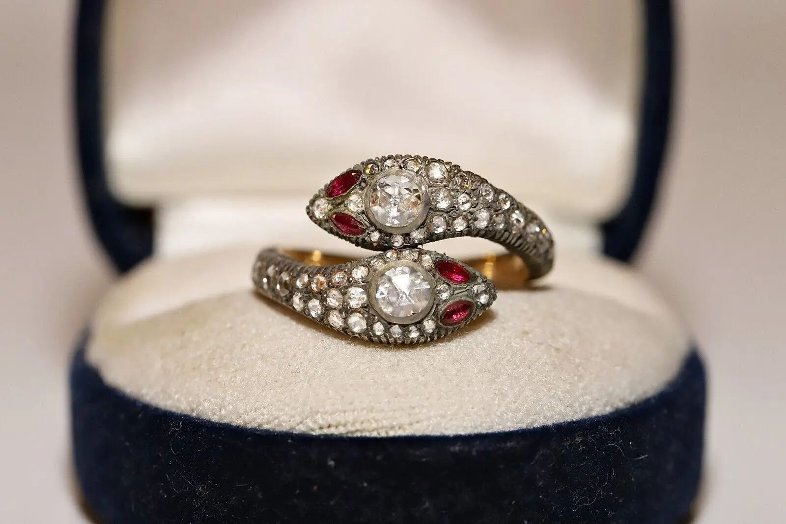 

NEW MADE 14K GOLD TOP SILVER NATURAL ROSE CUT DIAMOND AND RUBY SNAKE RING