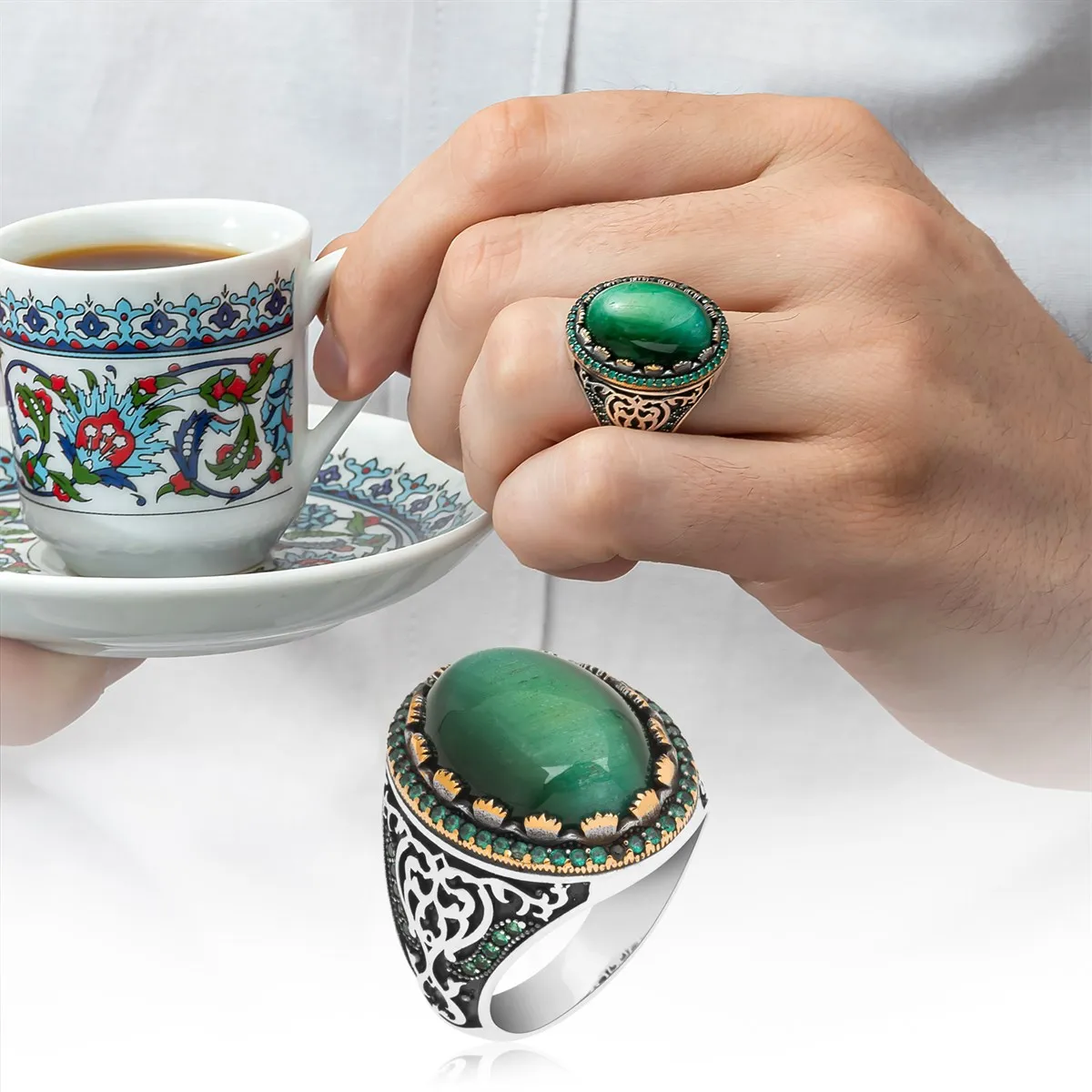 Pure 925 Sterling Silver Men Ring With Green Tigereye Stones Male Handmade Jewelry Personalized