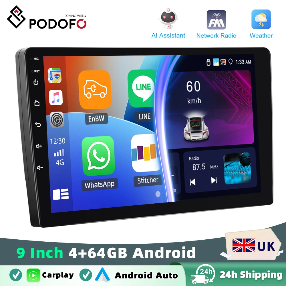 Podofo 4GB+64GB 9-calowe Radio Samochodowe 2 Din Bezprzewodowe Carplay Android Auto Audio Stereo BT Nawigacja GPS RDS WiFi USB FM DAB