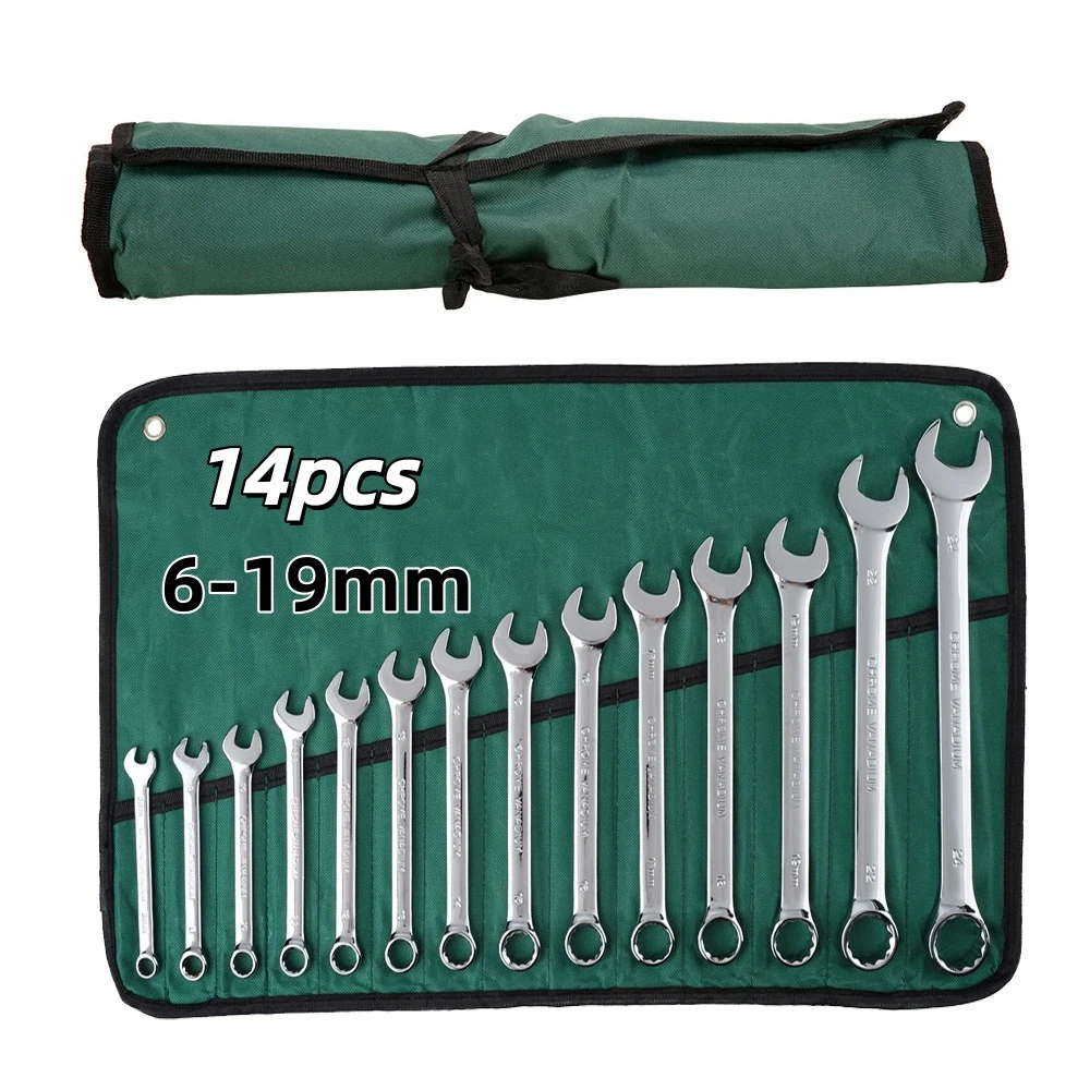 14pcs spanner Wrench Set, 6-19mm Metric CR-V Chrome Vanadium Steel Spanner for Automotive Home DIY Repair