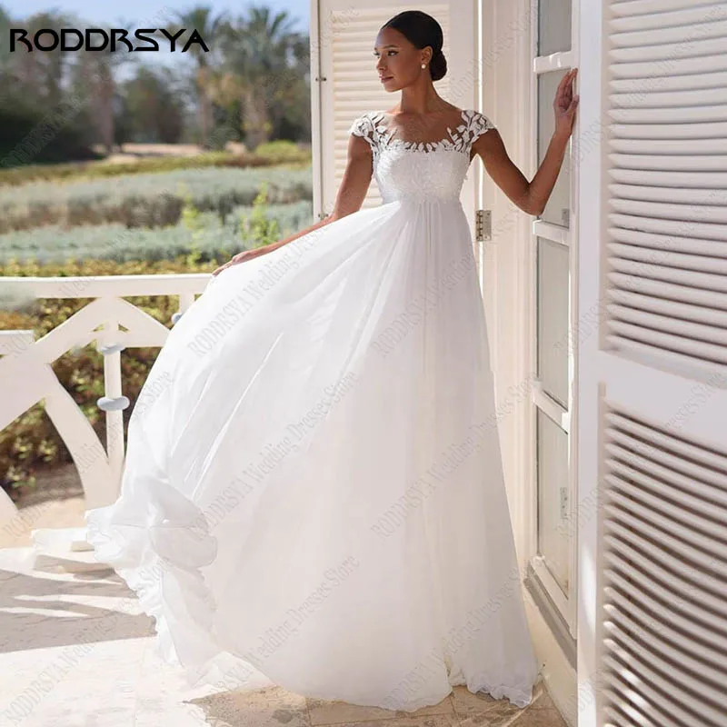 

RODDRSYA Beach Chiffon Wedding Dresses For Pregnant Women Appliques Cap Sleeves Bridal Dress A-Line Buttons vestido noiva boho