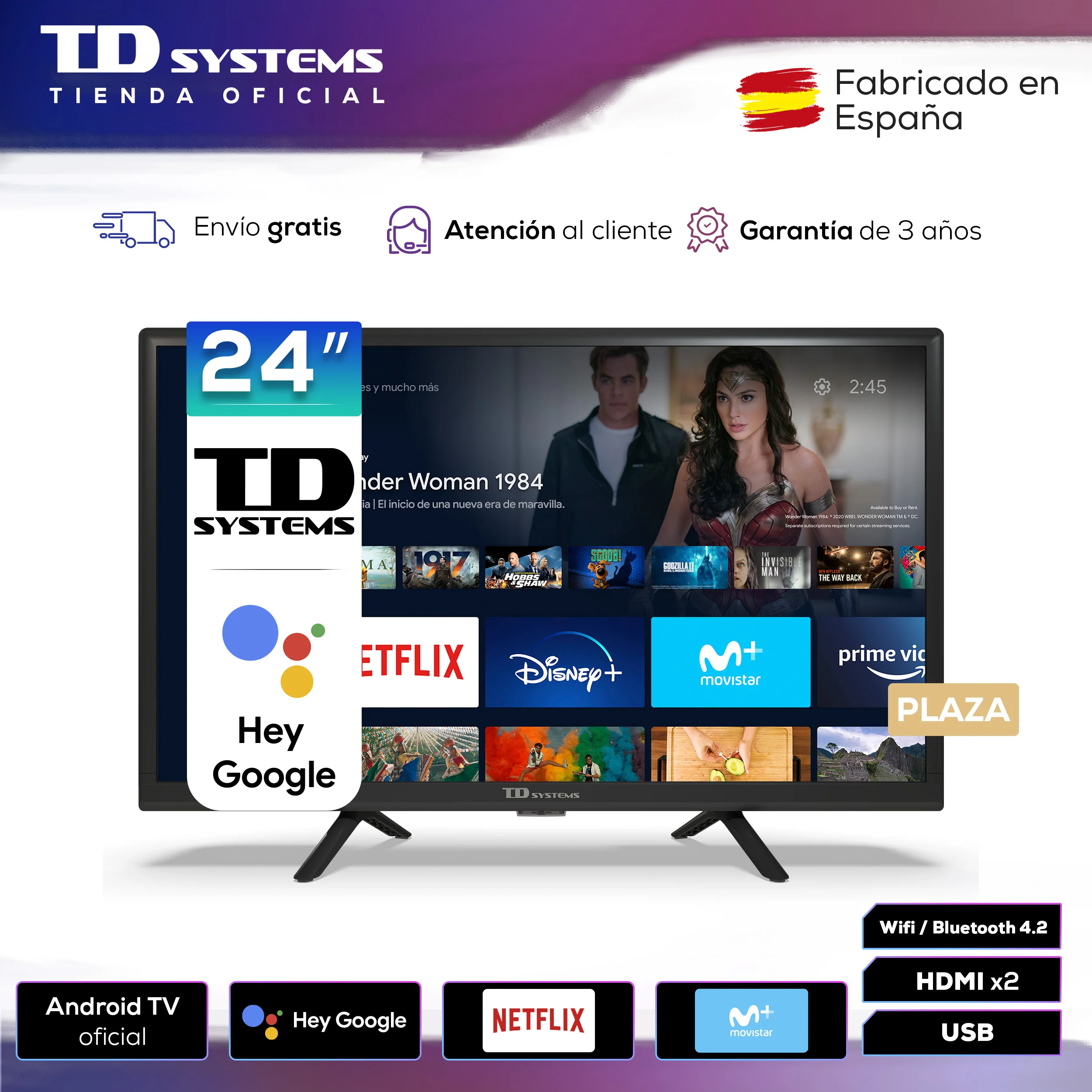 Smart TV 24 pulgadas Led HD, televisor Hey Google Official Assistant,  control por voz - TD Systems