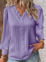 Women's Lace Stitching Shirt Loose Stitching V-neck Long Sleeve Pullover Chiffon Shirt Fall Top Simple Elegant Street Blouse - Image 5