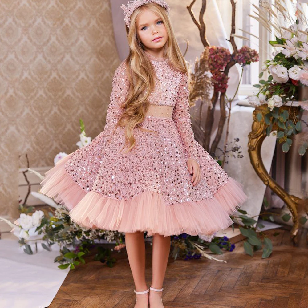 

Exquisite Sequin and Tulle Flower Girl Dress Long Sleeve with Beaded Knee-Length Children Ball Gowns for Wedding Party Birthday